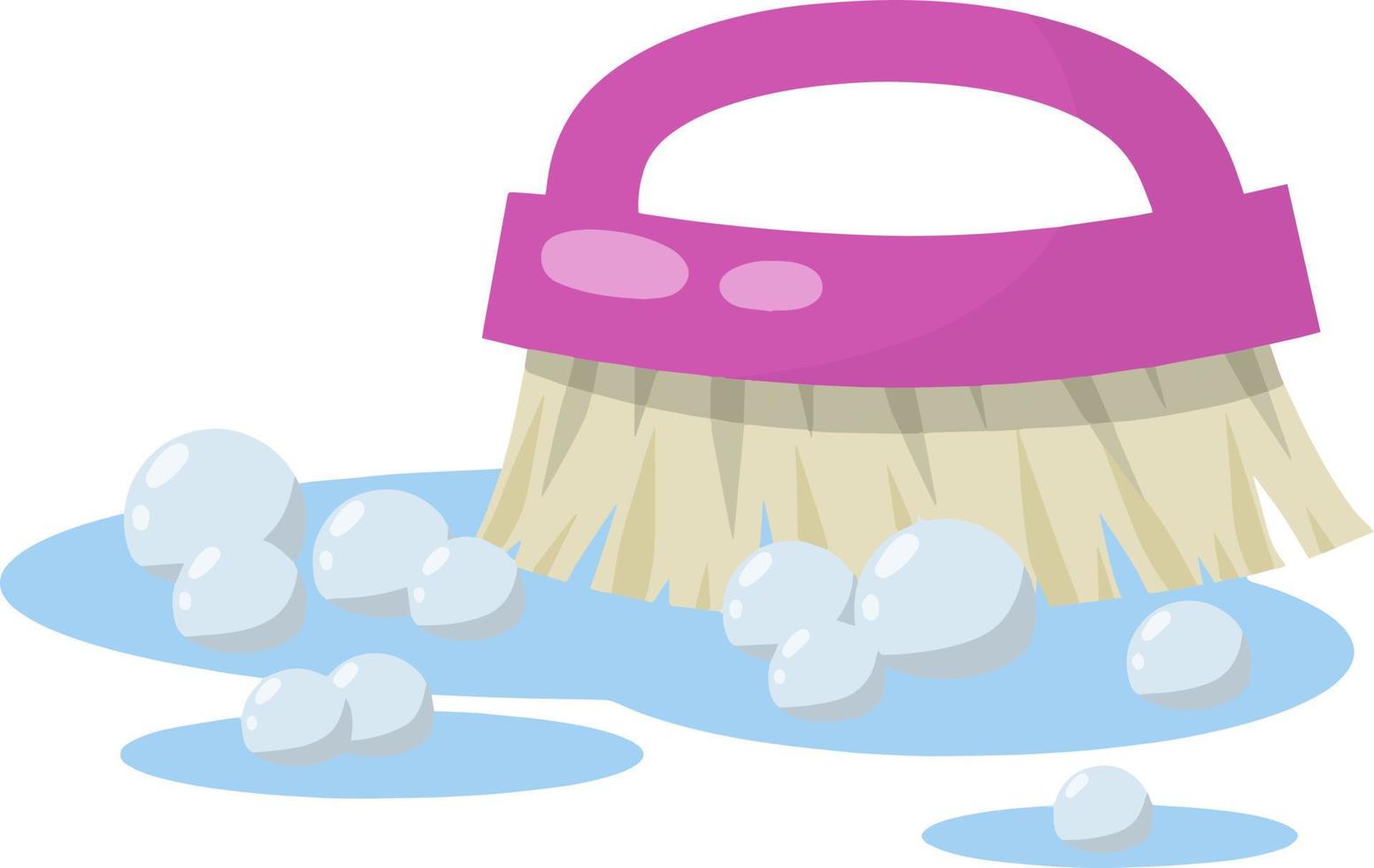 Brush for wet house cleaning and sweeping. Item for combing horse. Cartoon flat illustration. Object for homework. puddle of water with soap bubbles vector