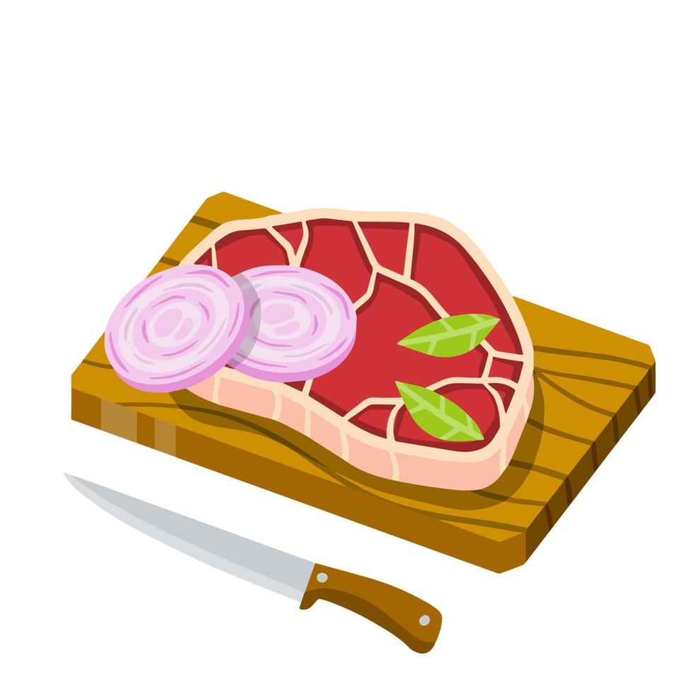 Piece of raw meat on chopping Board. Chops and ingredients. Cooking food. Kitchen and restaurant elements. Fresh pork and knife. Flat cartoon illustration vector