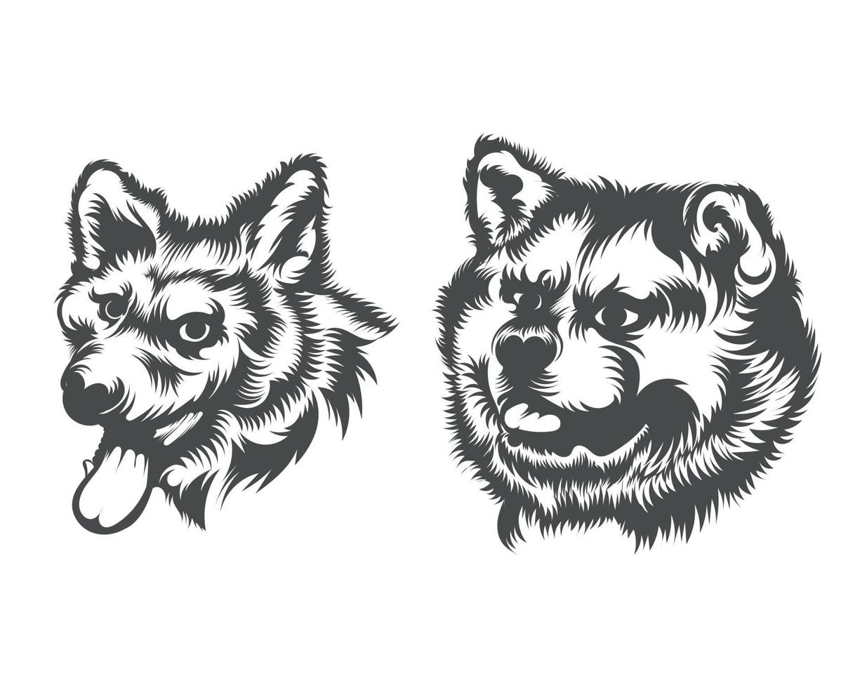 Akita Dog Face illustration, Black and White Dog Face Silhouette vector