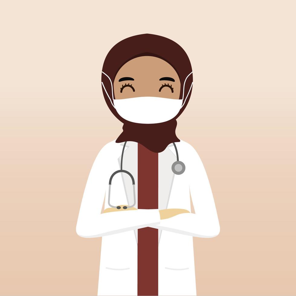 personaje médico hijab musulmán de vista frontal. creación de personajes médicos con vistas, emoción facial, pose, gesto y máscara. estilo de dibujos animados, ilustración vectorial plana. doctora con mascarilla vector