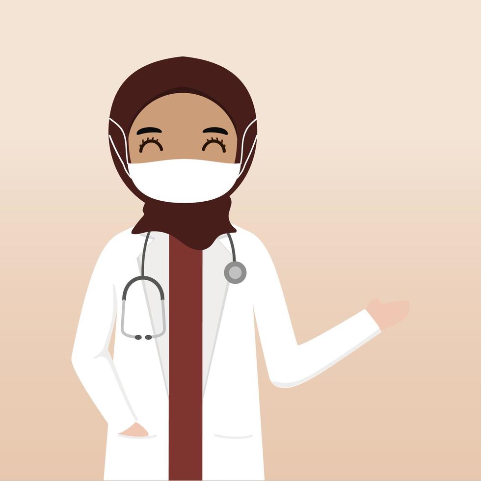 personaje médico hijab musulmán de vista frontal. creación de personajes médicos con vistas, emoción facial, pose, gesto y máscara. estilo de dibujos animados, ilustración vectorial plana. doctora con mascarilla vector