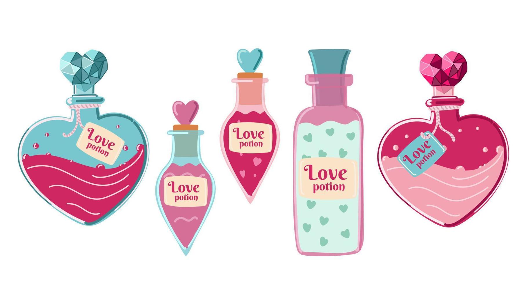 Love potions vector set. bottles of love drinks isolated on white background. Valentine s day concept illustration. Vector clipart for greeting cards, wedding invitations, party, birthday cards.