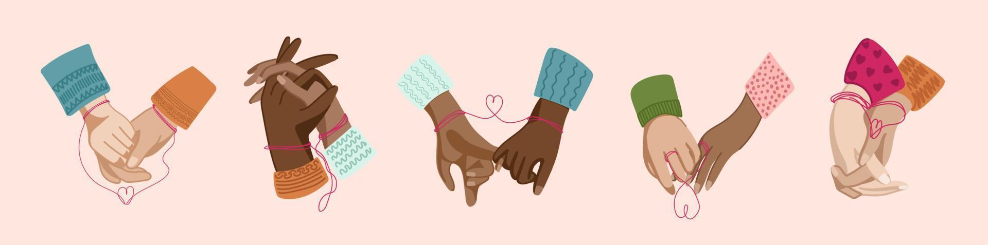 Couple holding hands set. Men s and women s hand together. Symbol of love, frendship, dating. Vector illustration concept.