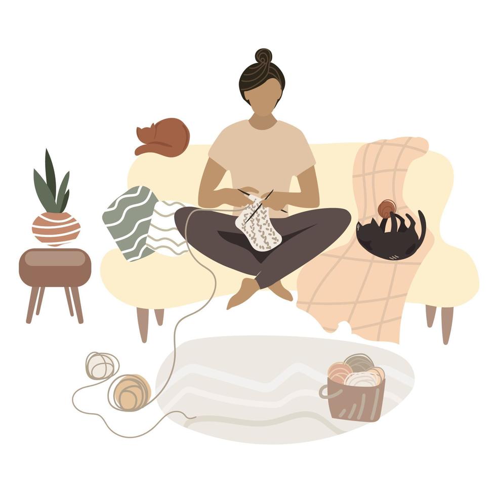 Young woman knits while sitting at home on sofa in a cozy interior,comfortable environment with two cats Vector illustration in flat style.Hobbies and work, manual labor. Warm things connected by hand