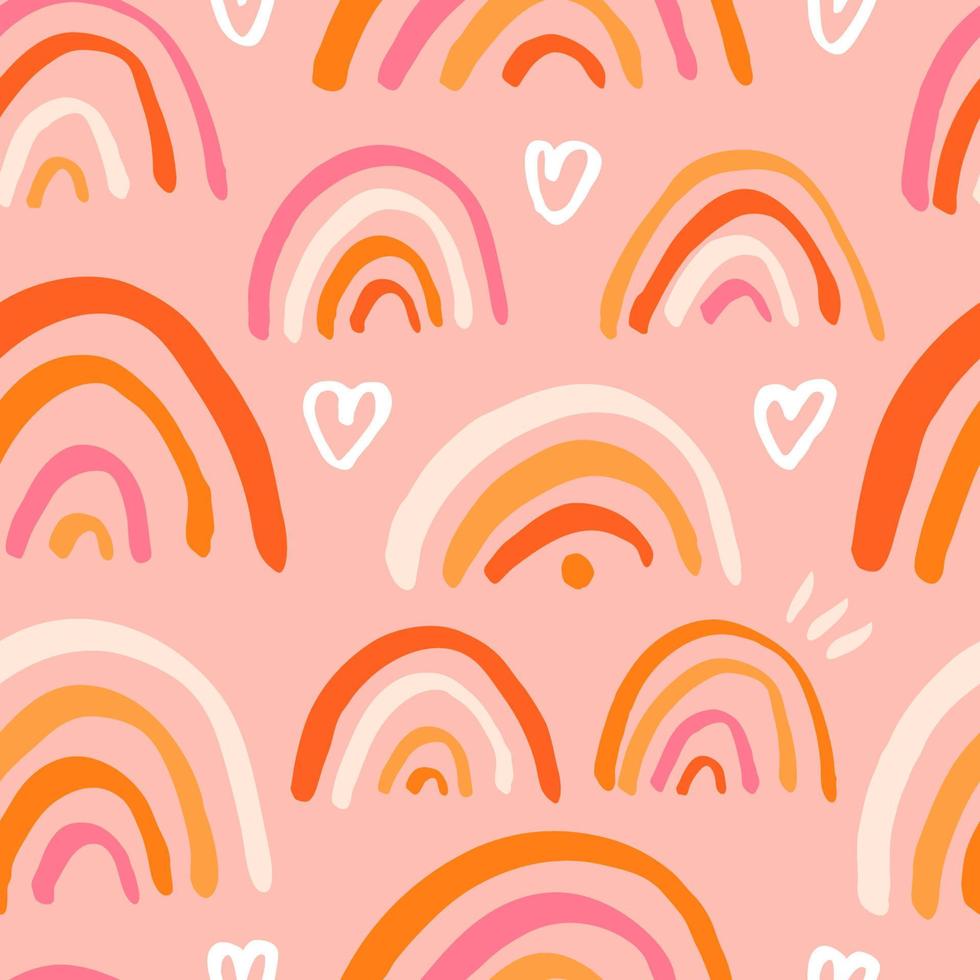 Cute seamless pattern with hand drawn rainbows. Vector dreamy texture. Childish background with rainbow and heart