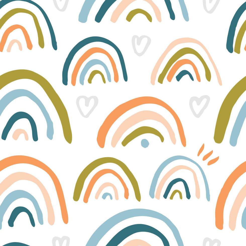 Cute seamless pattern with hand drawn rainbows. Vector dreamy texture. Childish background with rainbow and heart