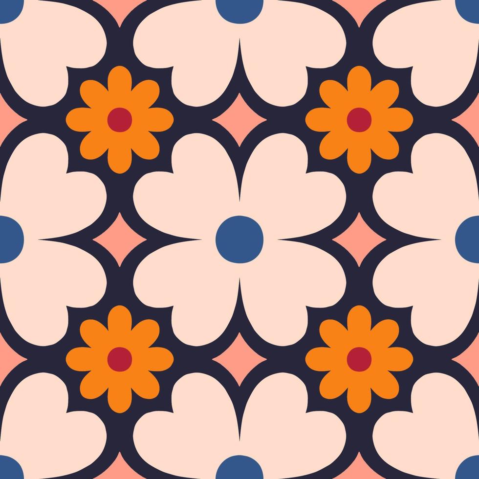 Beautiful seamless texture in retro style. Abstract floral tile in retro style. Colorful vector background with simple flowers. Floral tile pattern.
