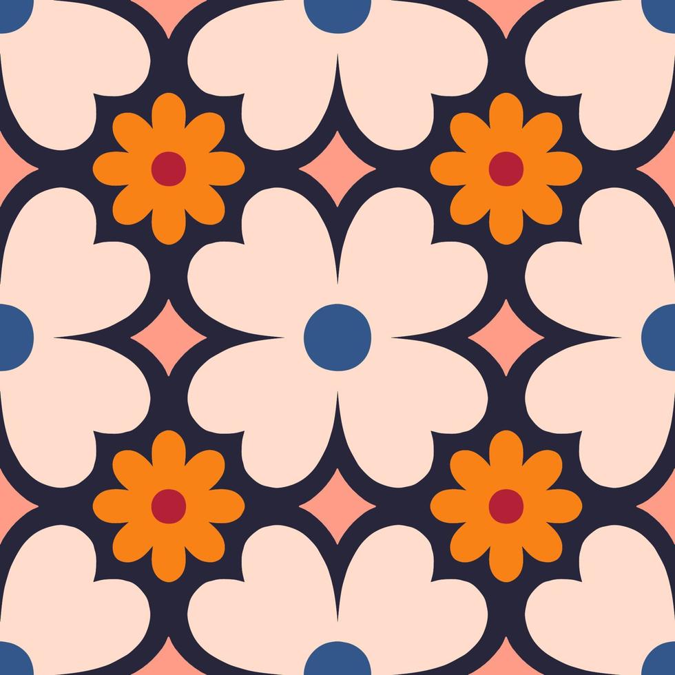 Beautiful seamless texture in retro style. Abstract floral tile in retro style. Colorful vector background with simple flowers. Floral tile pattern.