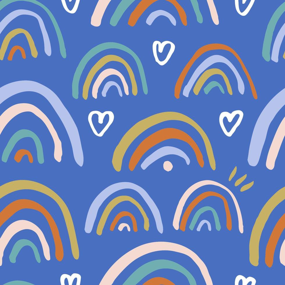 Cute seamless pattern with hand drawn rainbows. Vector dreamy texture. Childish background with rainbow and heart