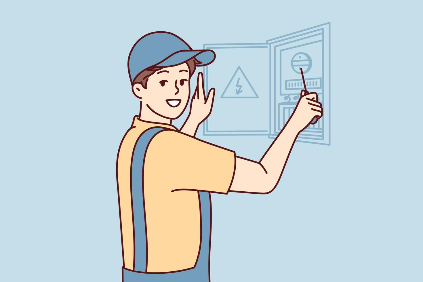 Man electrician is engaged in repair electrical appliances by opening electrical panel. Guy repairman in cap and in overalls carries out installation wiring after major overhaul. Flat vector design