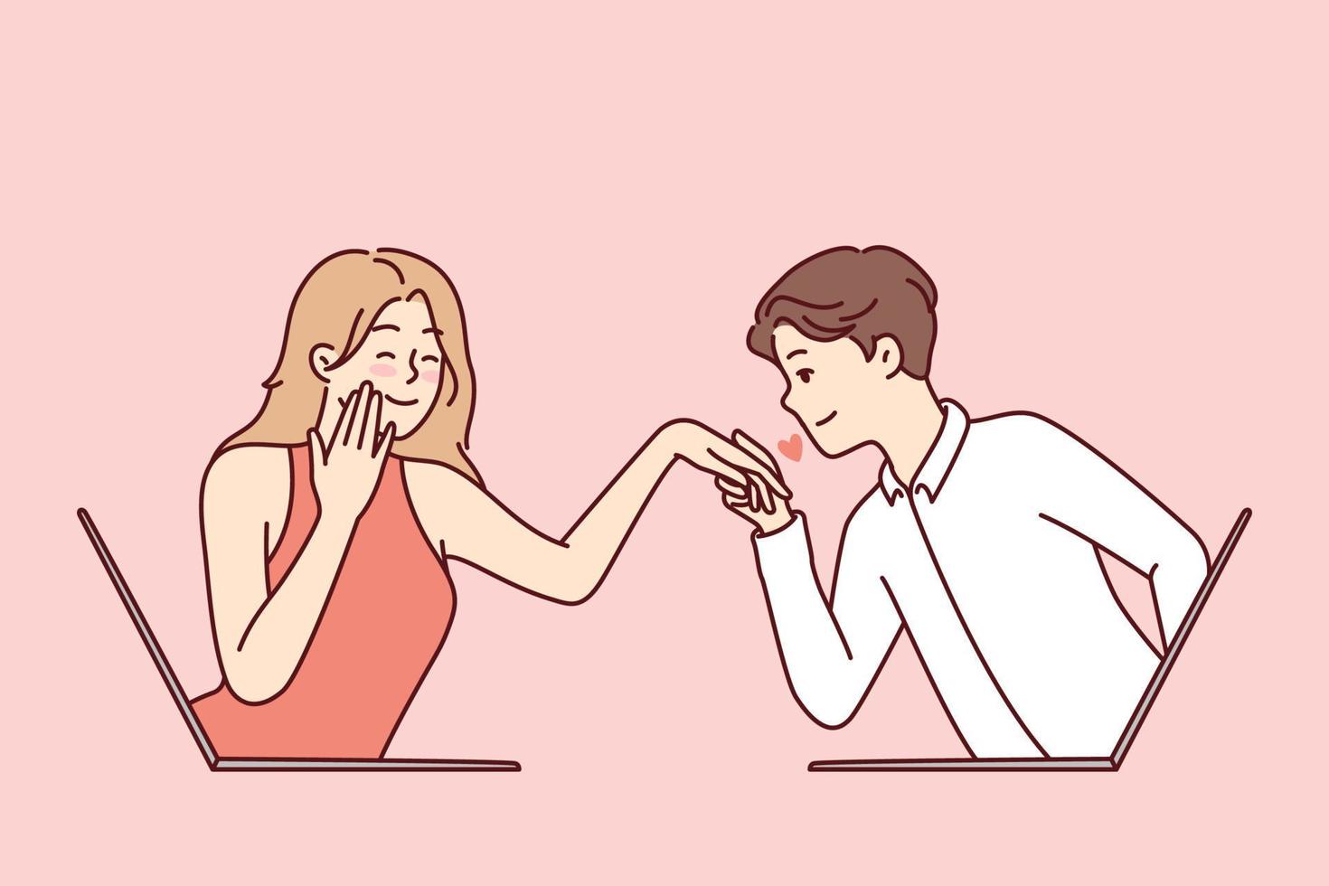 Determined guy kisses hand of embarrassed girl looking out of laptop screen. Metaphor of online dating and flirting in email correspondence or remote rendezvous lovers. Flat vector illustration