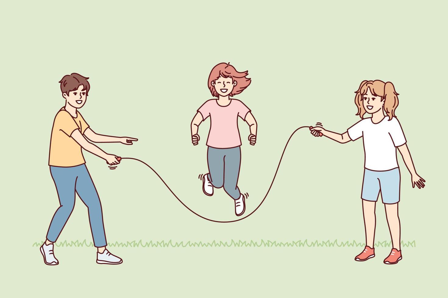 Teenage children stand on lawn jumping rope relaxing during summer vacation or day off. Metaphors of happy childhood with healthy outdoor games and physical activities. Flat vector design