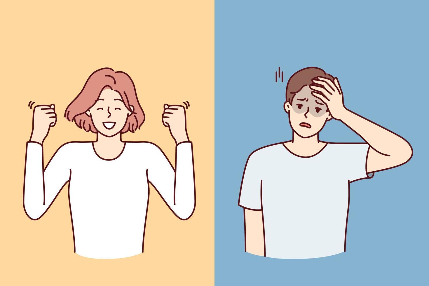 Cheerful woman makes victorious wave of hands and unhappy man clutching head. Casual girl and guy with different moods for concept of different reactions to events or news. Flat vector image