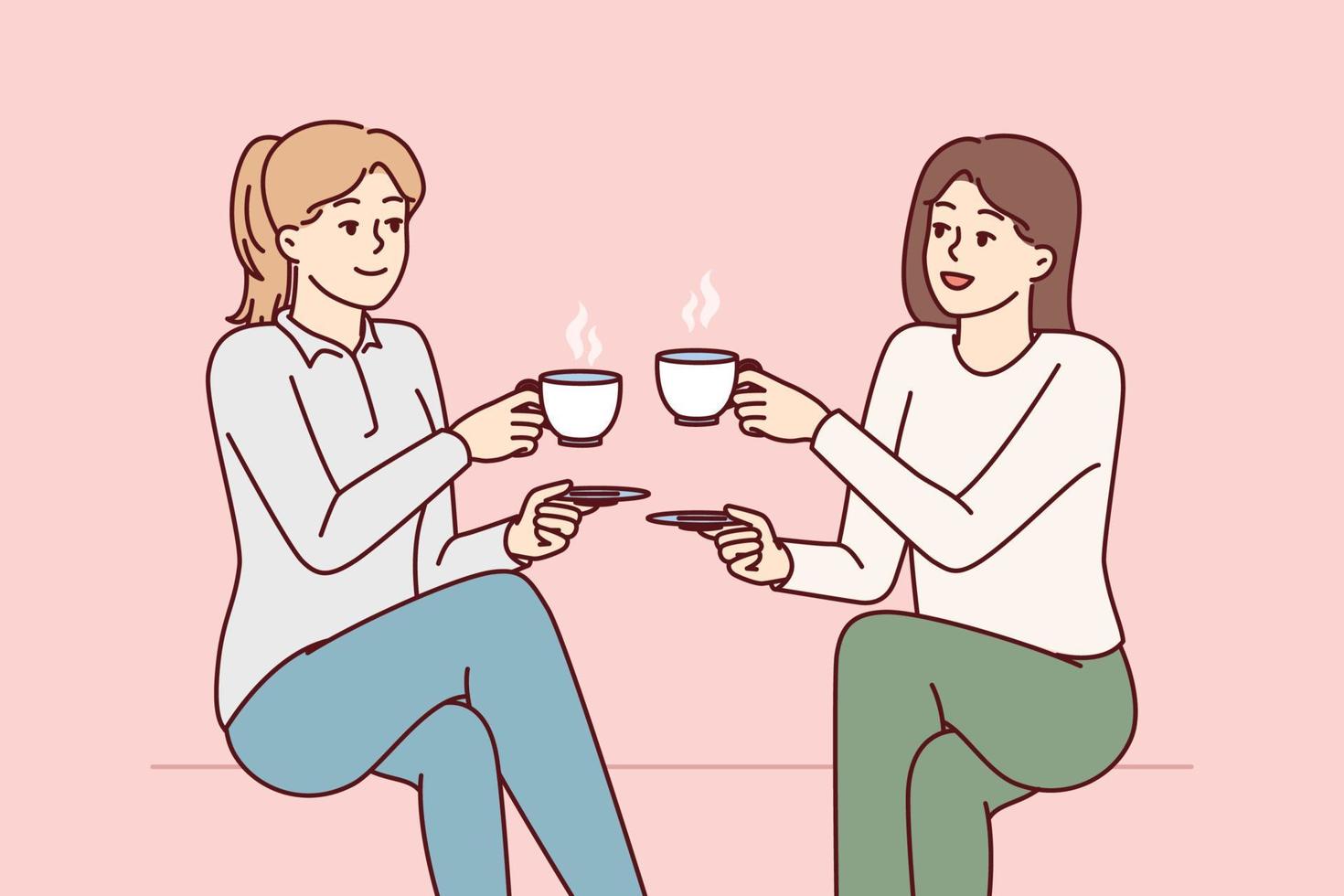 Two beauty girl friends drink hot coffee holding cups and saucers enjoy joint coffeebreak. Ladies dressed in casual style gossip during lunch break with hot non-drinks in hands. Flat vector design