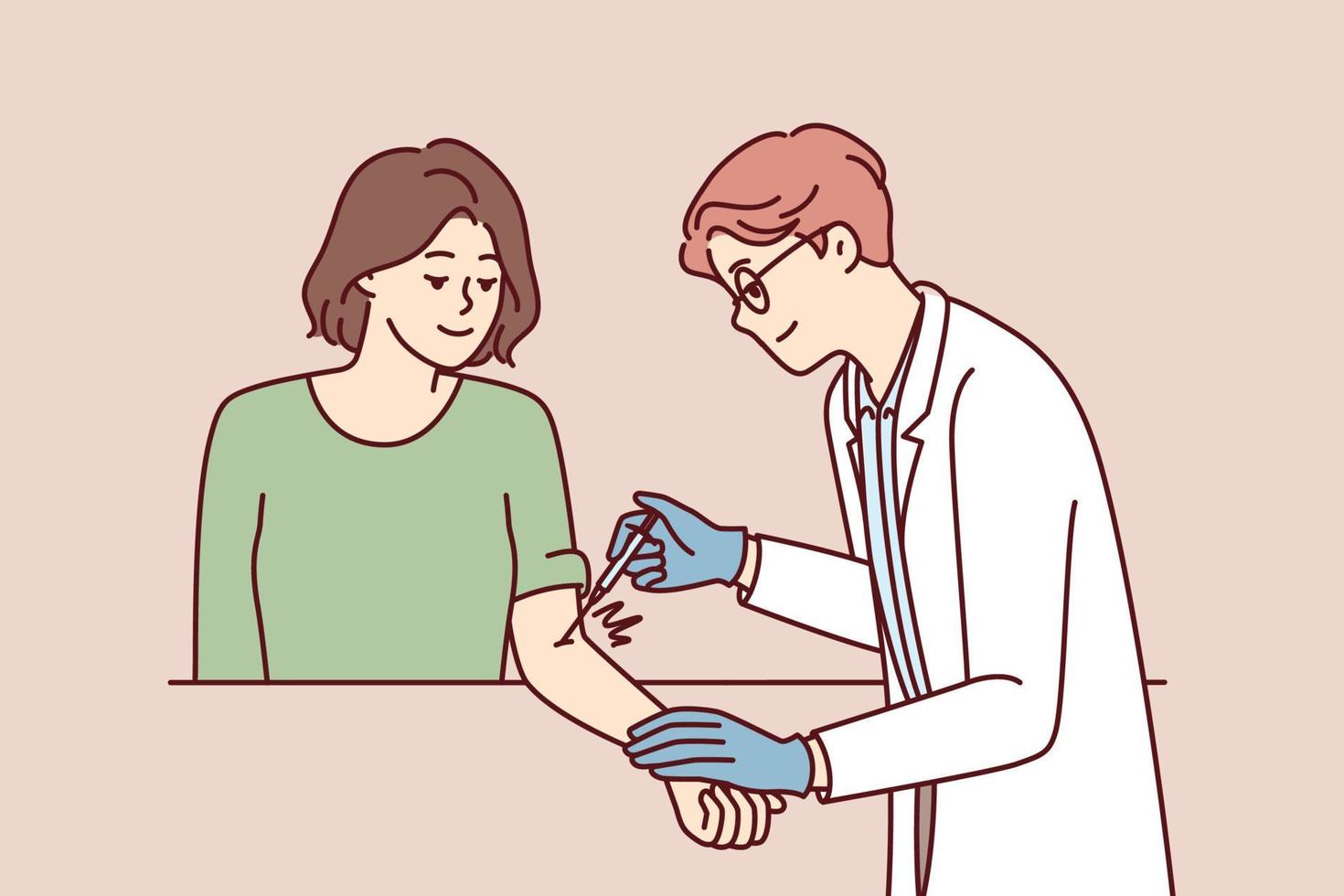 Doctor inoculates girl patient designed to protect against virus and develop immunity. Man clinic employee in white coat puts injection with medical drug into woman's hand. Flat vector illustration