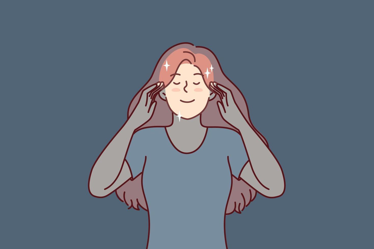 Peaceful woman touches temples with eyes closed, dreams of happy future or meditates to get rid of bad thoughts. Girl with long hair glows with positive emotions and good mood. Flat vector image