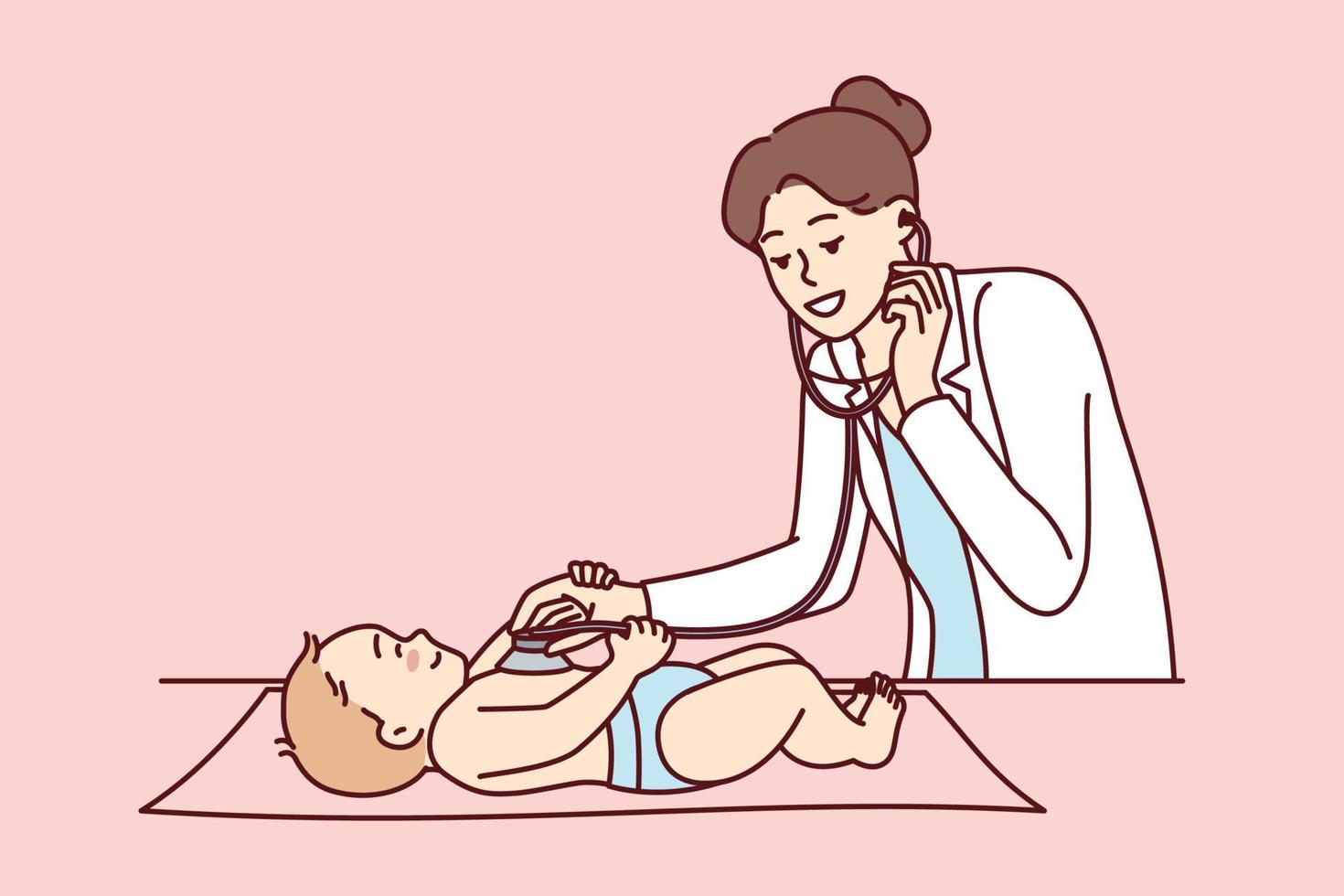 Woman pediatrician using stethoscope to listen to heartbeat of nursing baby at routine medical checkup. Kid lies near girl in white coat who takes care of health of small patient. Flat vector image