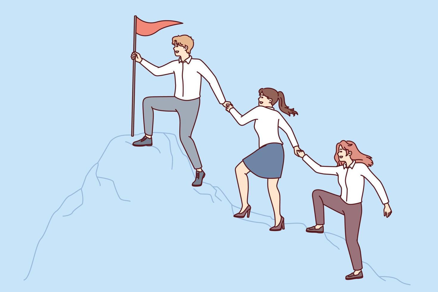 People in business attire climb mountain holding hands to reach flag at top. Concept of corporate leadership and success in career ladder with active interaction between employees. Flat vector design