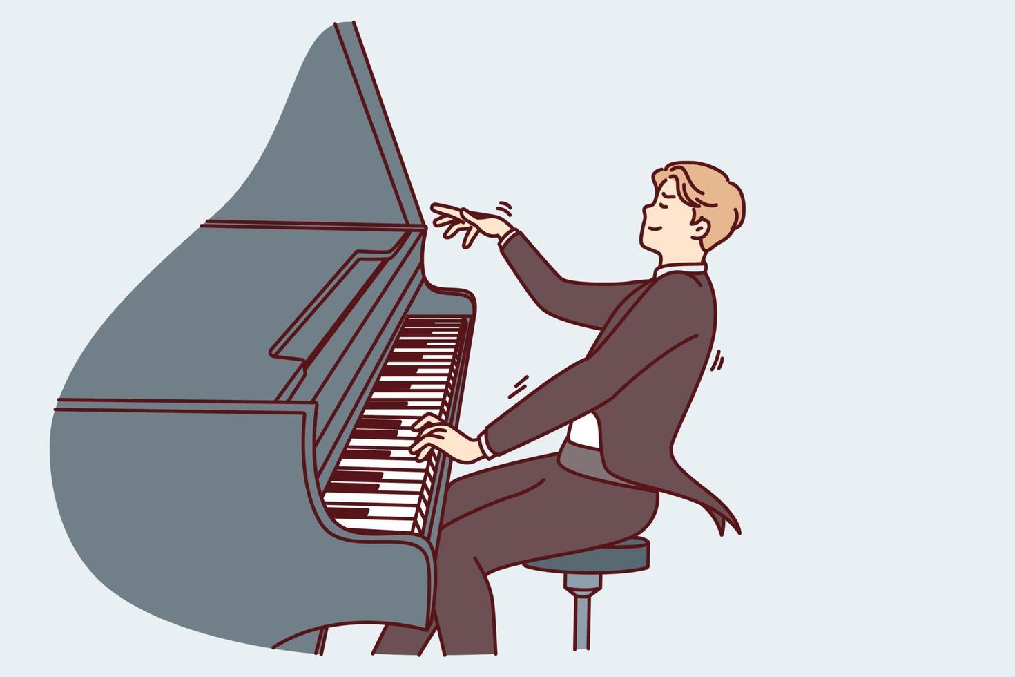 Man pianist masterfully plays classical music sitting in tuxedo for performances in front audience. Young creative guy participates in concert demonstrating cool piano playing. Flat vector design