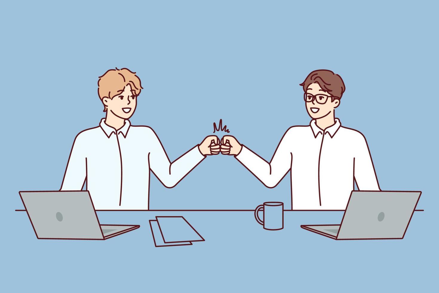 Two man managers bang their fists celebrating successful completion of deal. Guys in white shirts stand near table with laptops saying goodbye after finishing work. Flat vector illustration