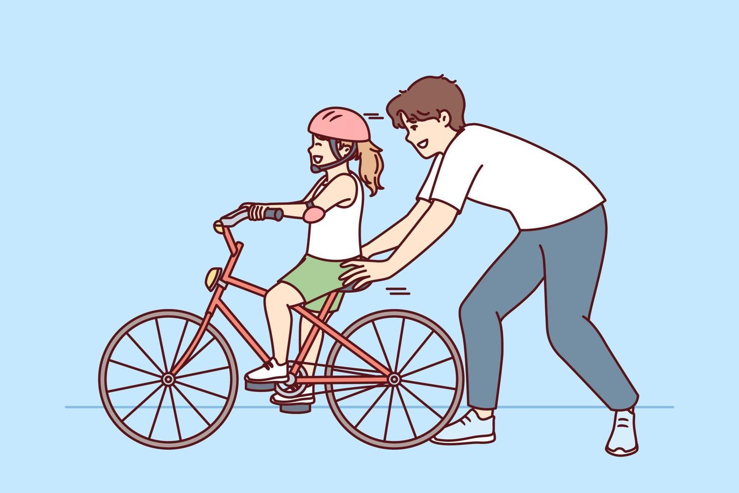 Loving father helps pre-teenage daughter learn to ride bike. Happy childhood for little girl in helmet learning to ride bicycle under supervision of caring dad or brother. Flat vector illustration