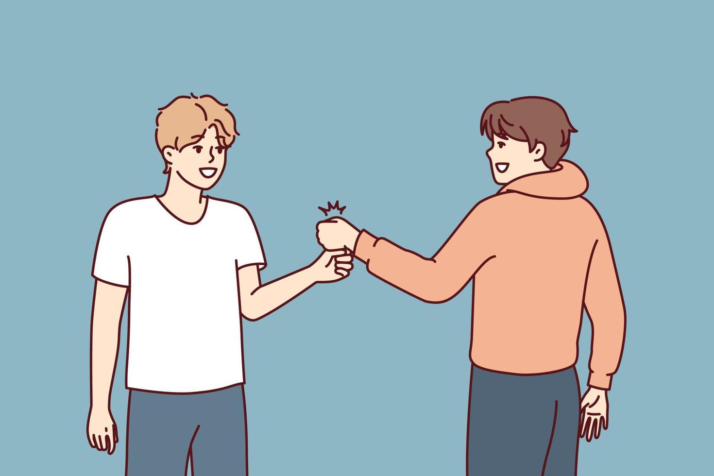 Two young guys bump their fists when they meet, making greeting to members of student fraternity. Positive teenage boys in casual clothes say goodbye after fun together walk. Flat vector design