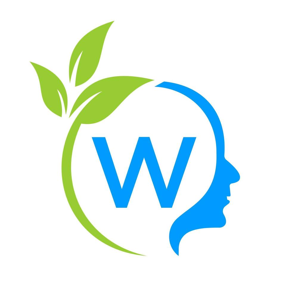 Small Tree Brain On W Letter Logo Design. Leaf Head Sign Template Healthcare And Fitness, Eco Leaf Thinking Head Concept Vector