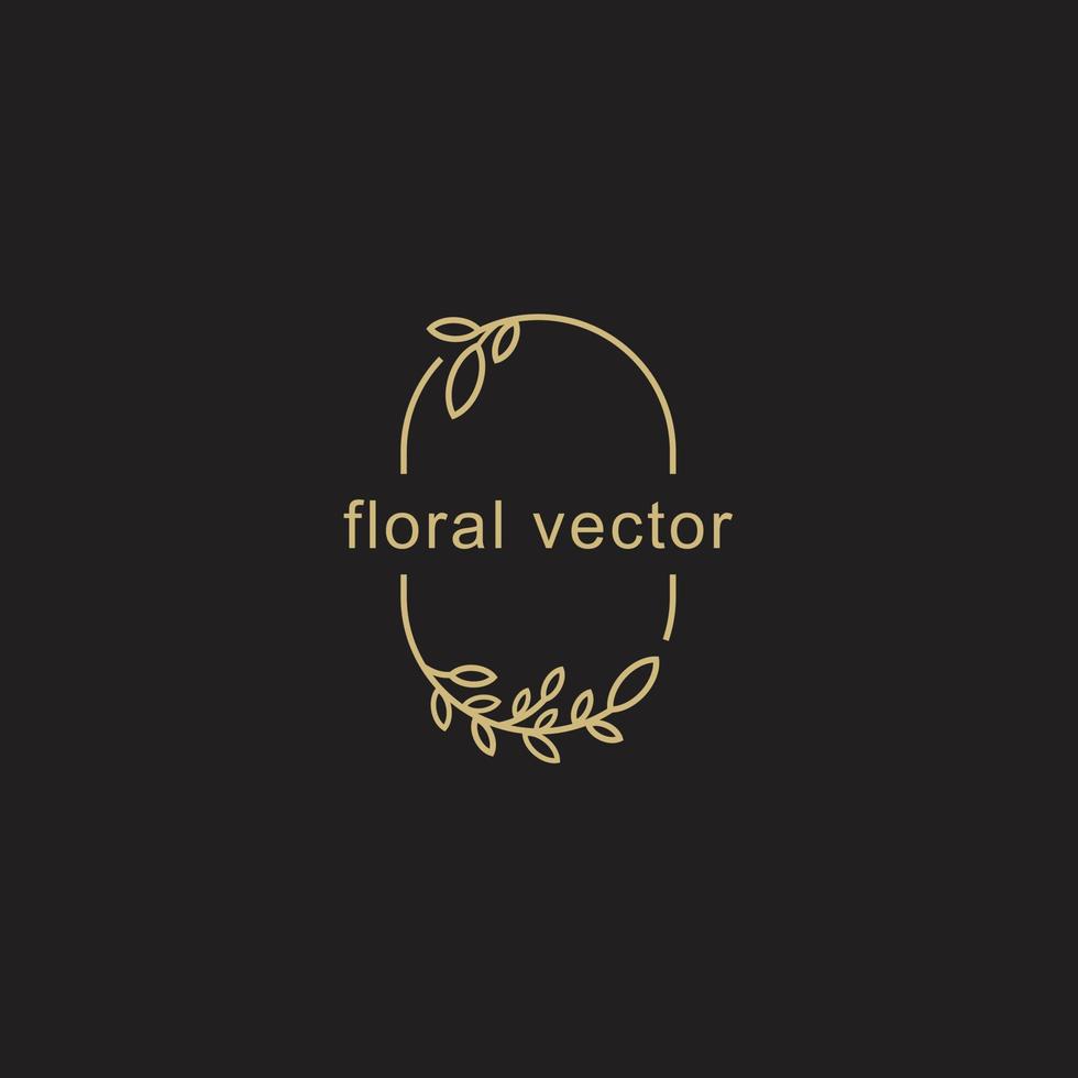 Vector floral logo template in elegant and minimal style with gold color on grey background illustration. Circle frames logos. For badges, labels, logotypes and branding business identity.