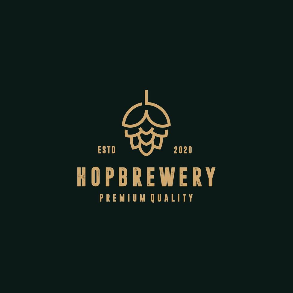 Brewery minimalist logo design, label, badge, emblem with hop. Craft Vintage retro style. Isolated on background. Vector icon illustration.