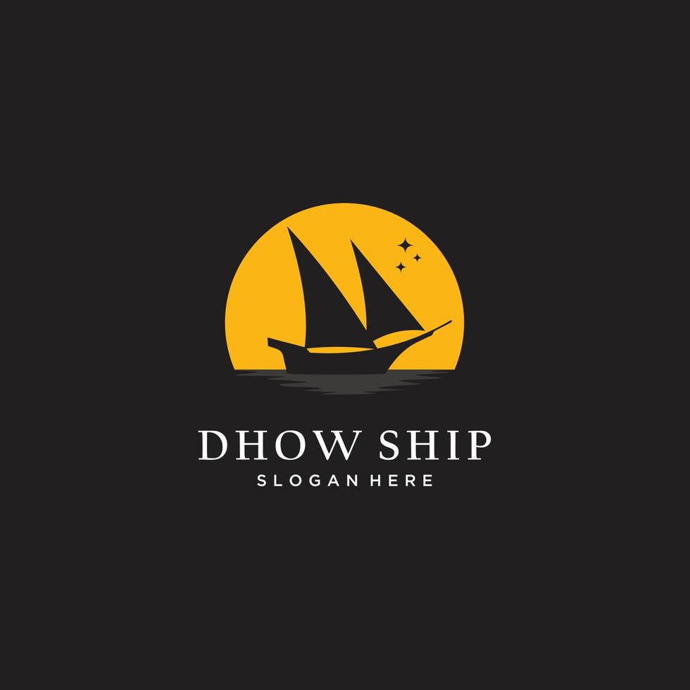 Silhouette of Dhow in the moon logo design. Dhow Or Ship Logo Design Inspiration Vector. Traditional Sailboat illustration vector