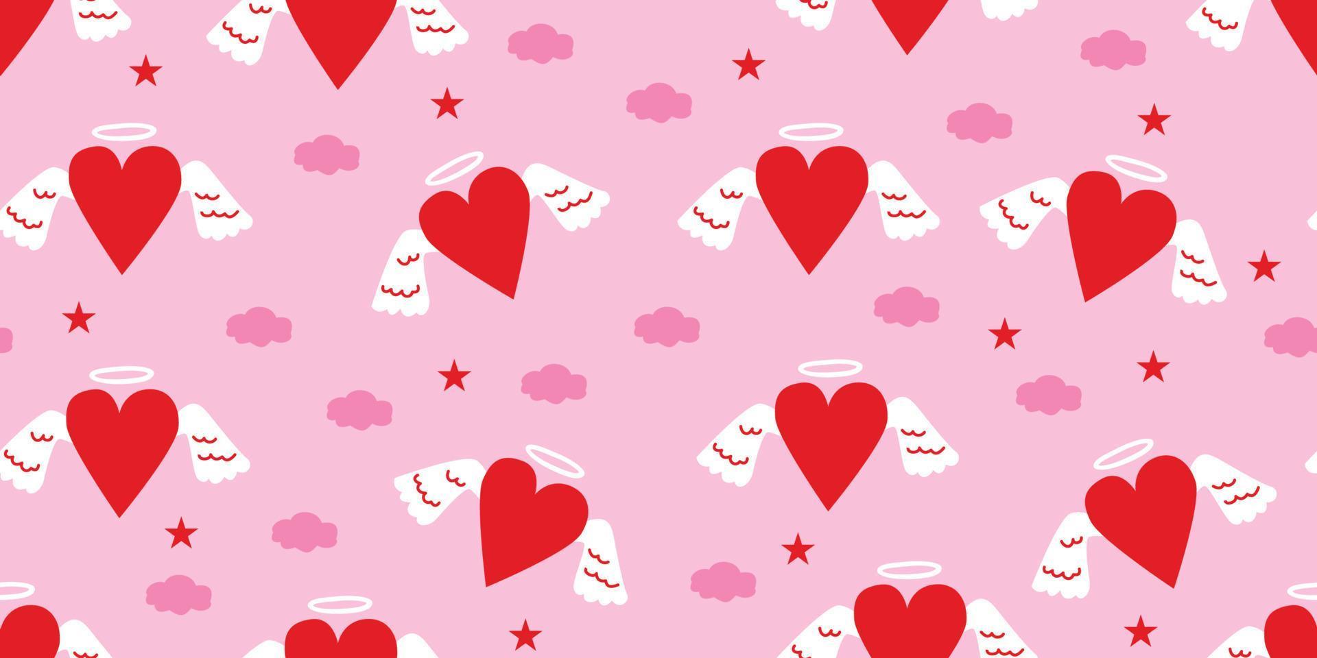 Beautiful pattern pink. Heart with a wings cartoon illustration. heart fly with angel wings in doodle style. cute heart for decorating the wedding card for valentine's day, love concept. vector