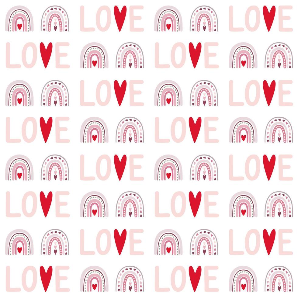 Seamless pattern of love rainbows, love word and hearts. Romantic love design for Valentine day, mothers day, and wedding day celebration, greeting cards, invitations, scrapbooking, paper crafts. vector
