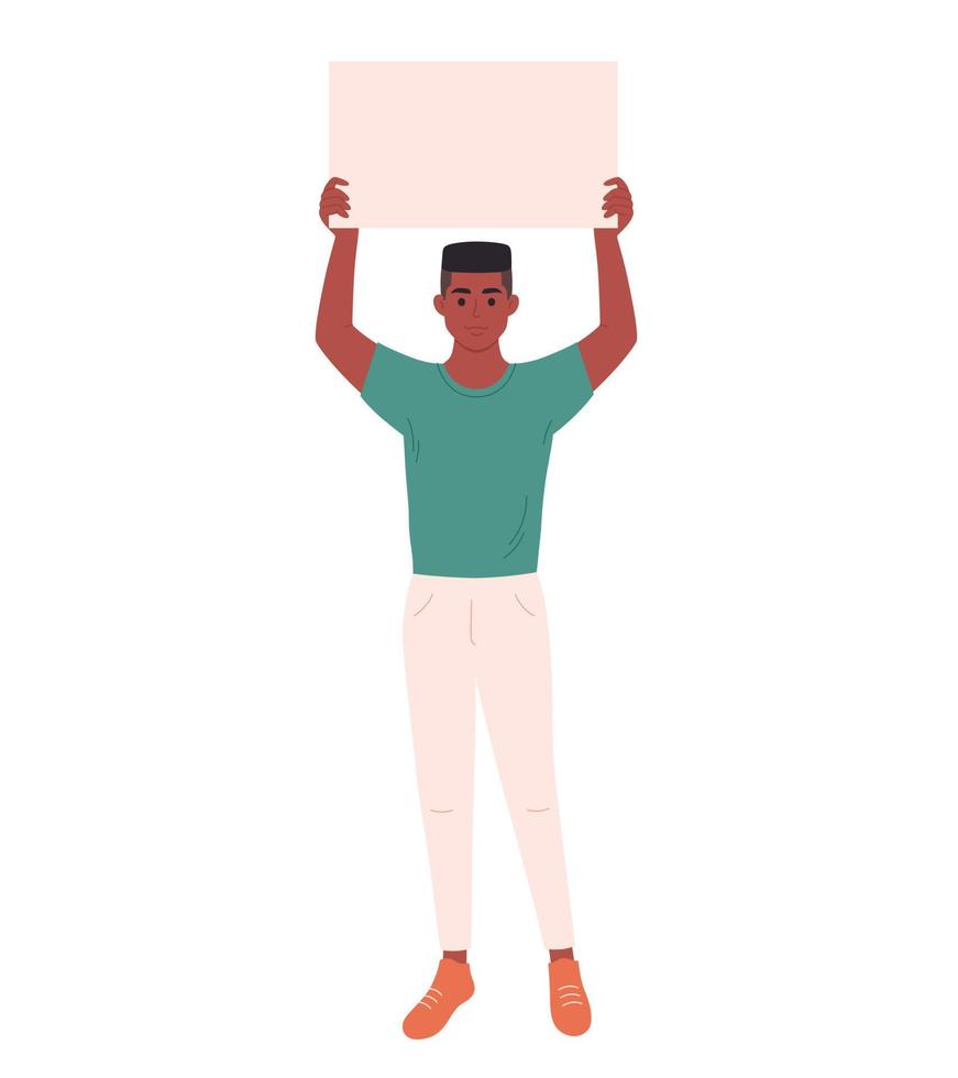 joven negro sosteniendo una pancarta o cartel limpio y vacío. activismo, movimiento social. democracia, reunión y protesta vector