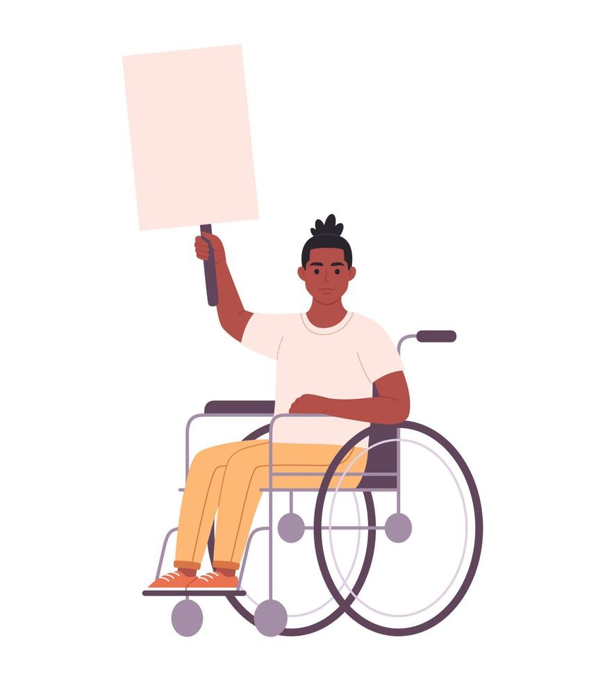 joven negro en silla de ruedas sosteniendo una pancarta o cartel limpio y vacío. activismo, movimiento social. democracia, manifestación y protesta. persona con discapacidad física. vector