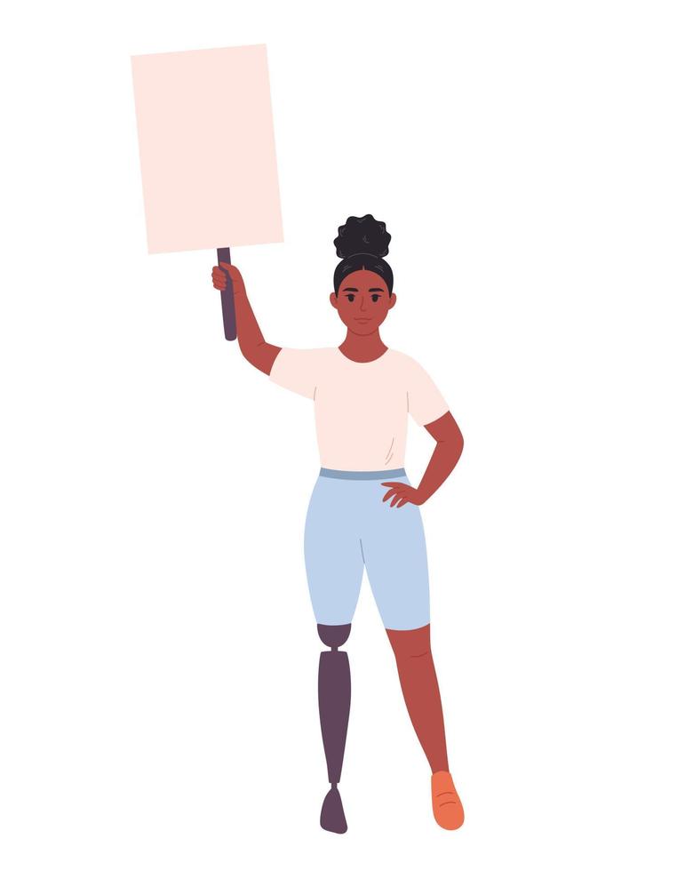 Young black woman with prosthetic leg holding clean empty banner or placard. Activism, social movement. Democracy, rally and protest. Person with physical disability vector
