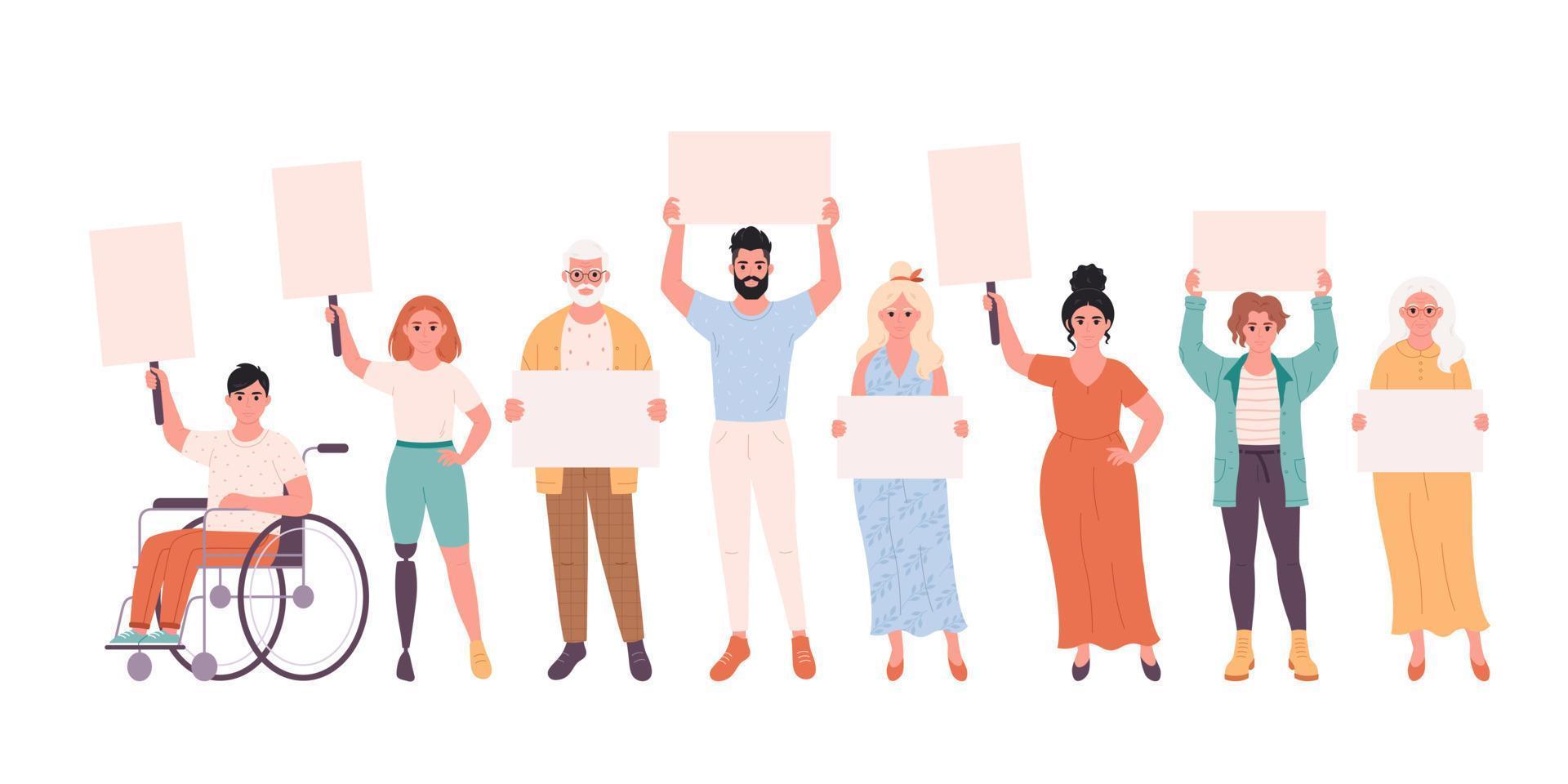 People of different age holding clean empty banners and placards. Activism, social movement. Democracy, rally and protest. People with physical disability vector