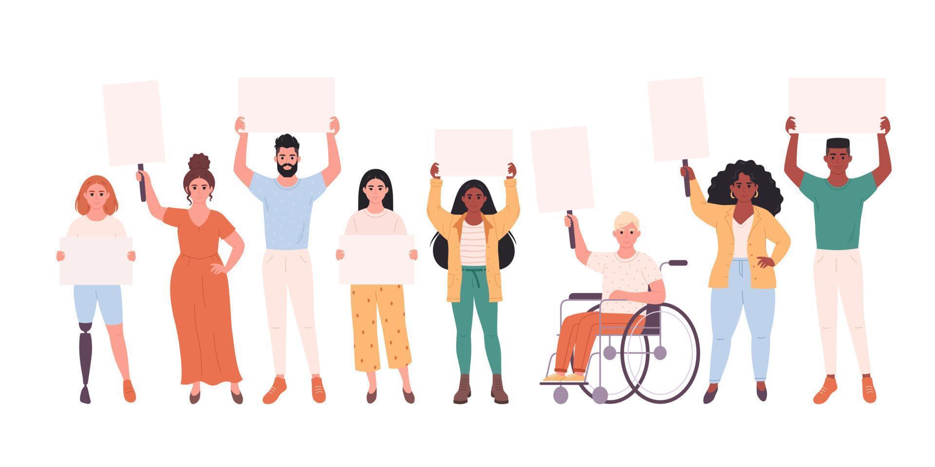 People of different race holding clean empty banners and placards. Activism, social movement. Democracy, rally and protest. People with physical disability. vector