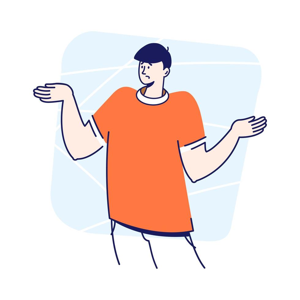 Puzzled, helpless dark haired young man shrugs and doesn't know what to do. Confused person in casual clothes. Flat vector illustration with outlines.