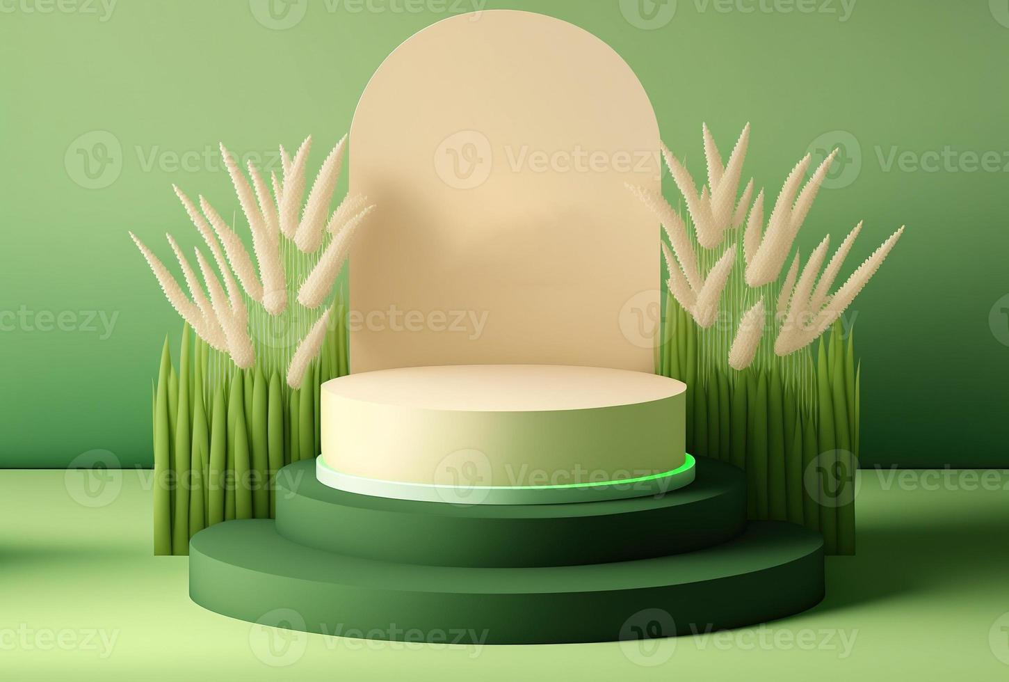 Ilustración 3d de un podio de hierba verde sobre un fondo natural foto