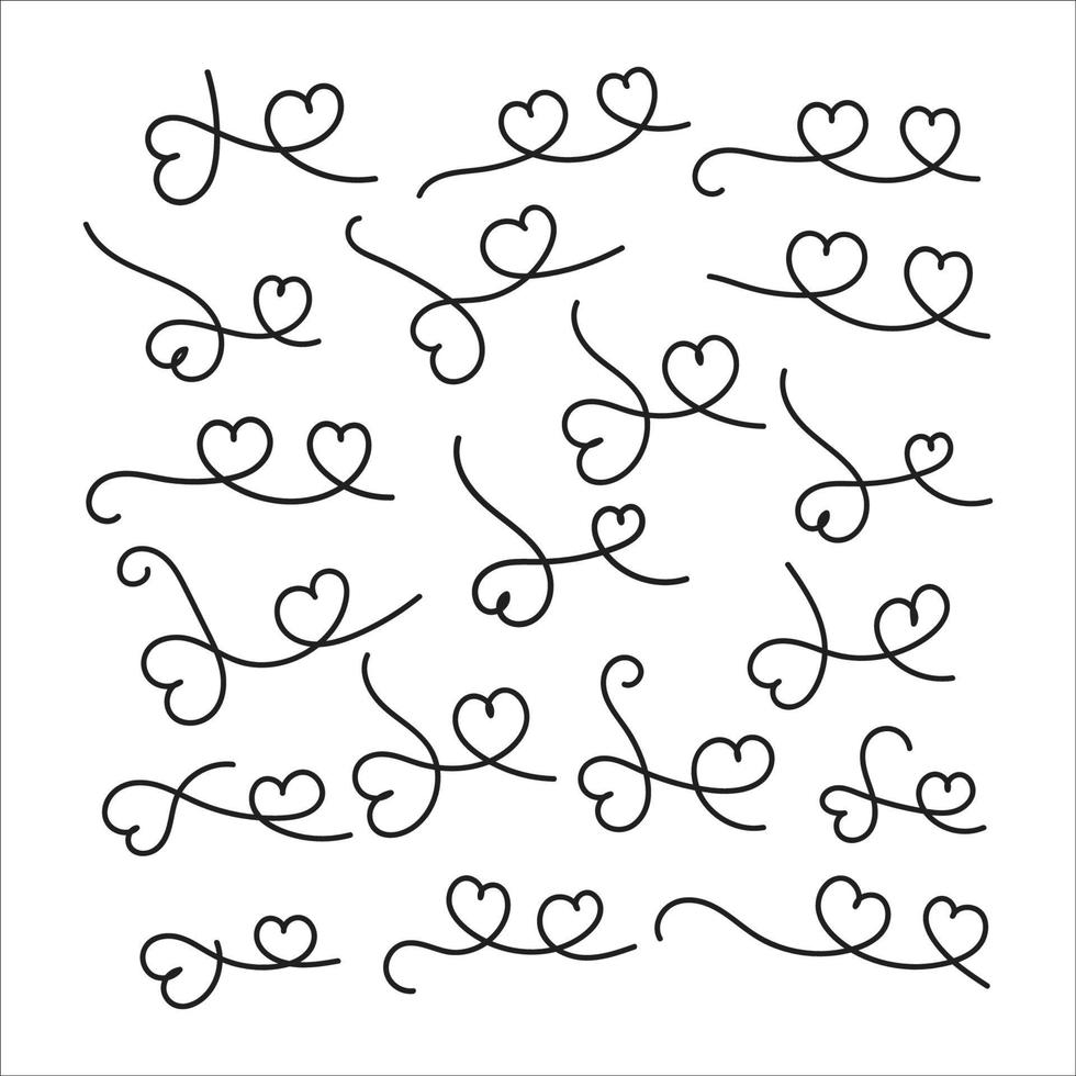conjunto de remolino caligráfico de corazón dibujado a mano y ilustración de vector de stock de corazón remolino