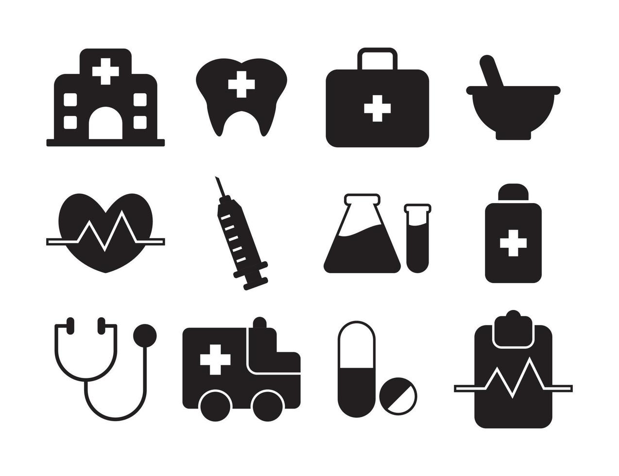 conjunto de iconos médicos color negro, ilustración de diseño plano de fondo blanco. vectores de salud