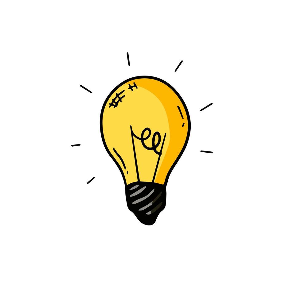 Light Bulb. Sketch drawn electric device. Cartoon doodle lighting concept and idea. Solution and creative vector