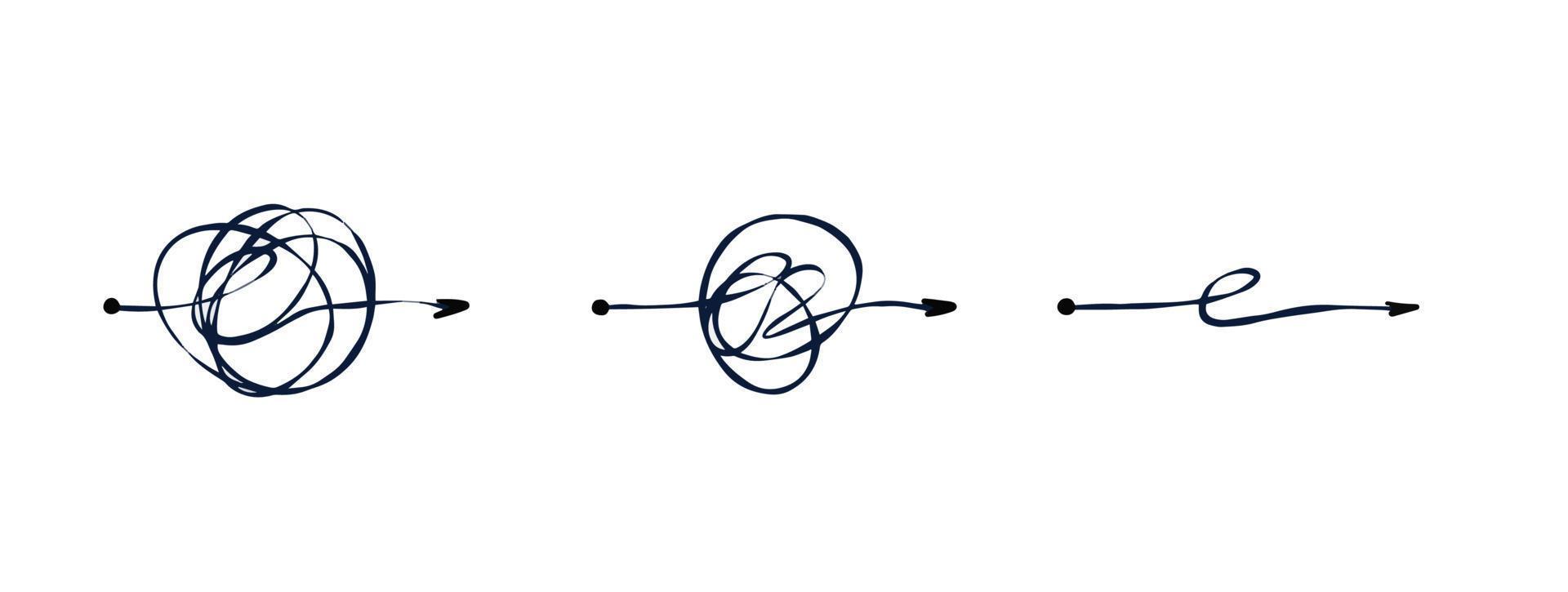 Tangle of lines. Unraveling the path. Psychological concept of solving mental problems. Chaotic messy clew. Simplifying the complex vector