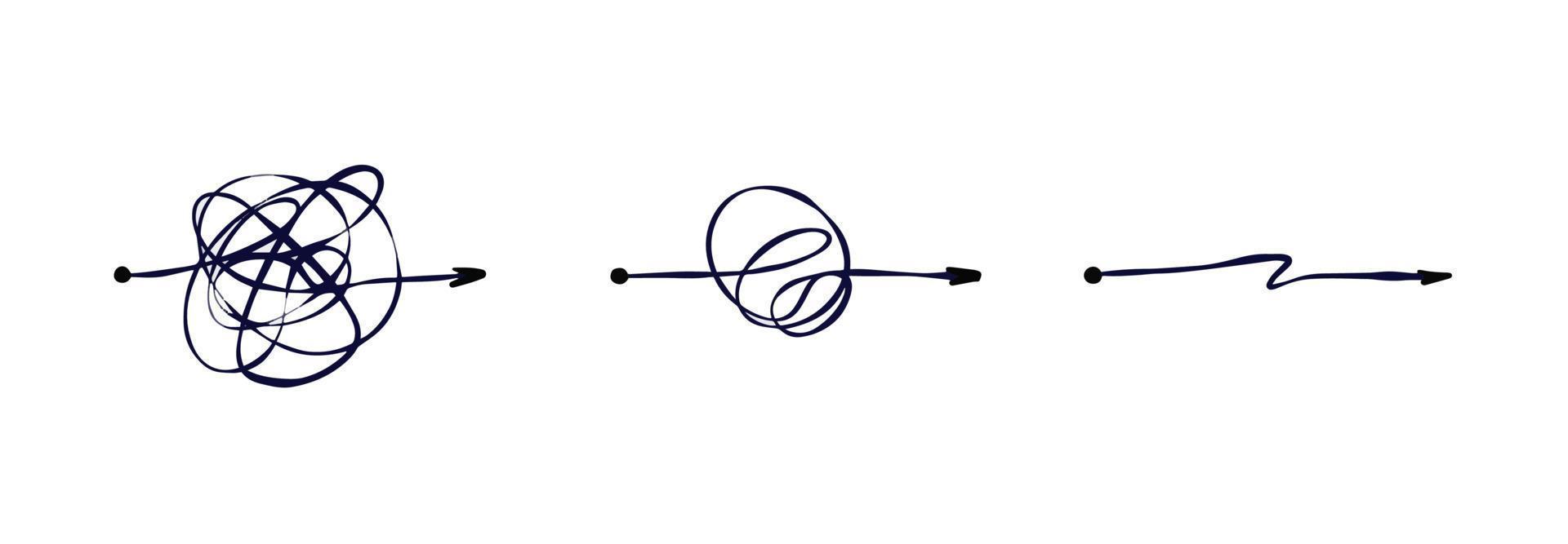 Tangle of lines. Unraveling the path. Psychological concept of solving mental problems. Chaotic messy clew. Simplifying the complex vector