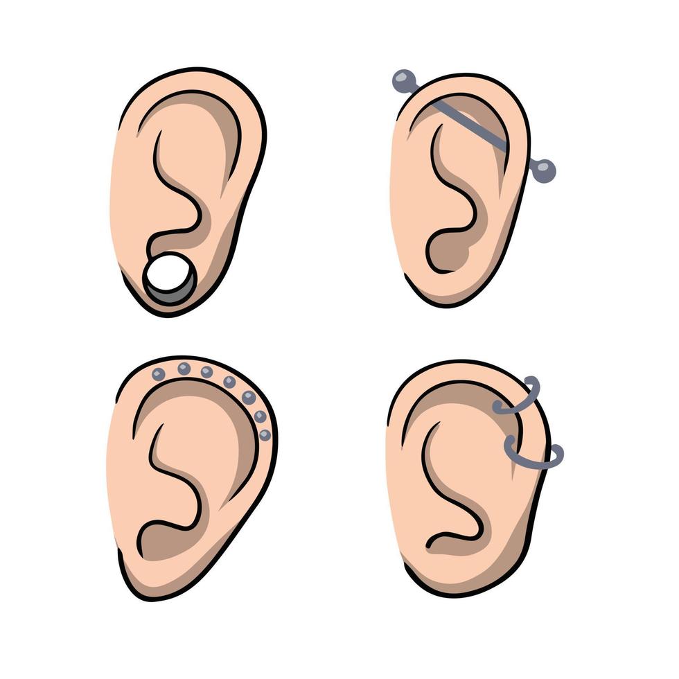 Piercing in ears. Set of different types of women earrings and jewelry. Cartoon illustration vector
