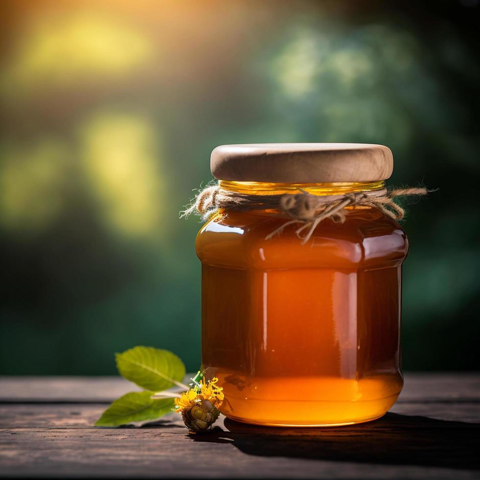 honey on jar on wood table background illustration images 3d render ai generated photo