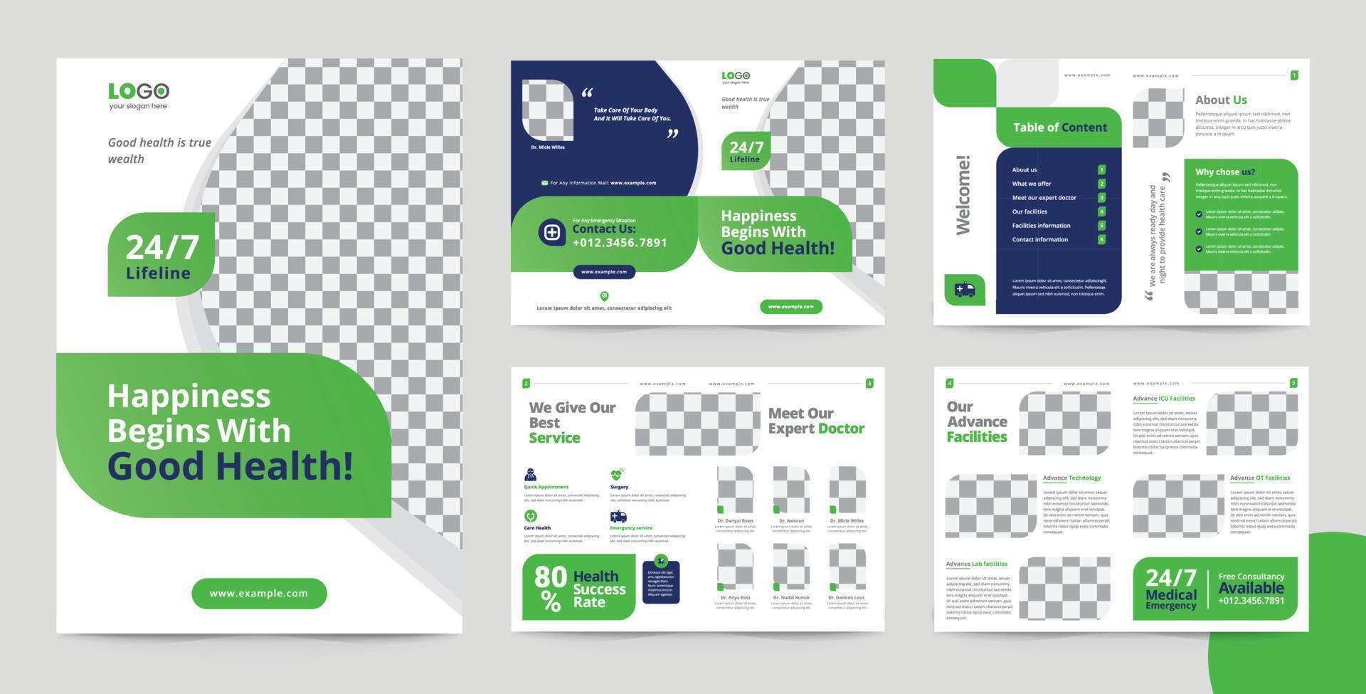 Clinical Medical multi page brochure design template for multipurpose use. Flat and minimal design 8 page brochure vector