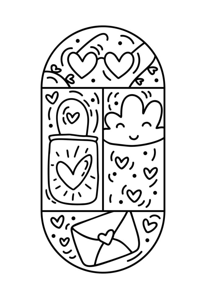 gafas de constructor de composición vectorial de San Valentín, bolsa, sobre y corazones. logotipo de vacaciones de amor dibujado a mano en marco redondo para tarjeta de felicitación, invitación de diseño web vector
