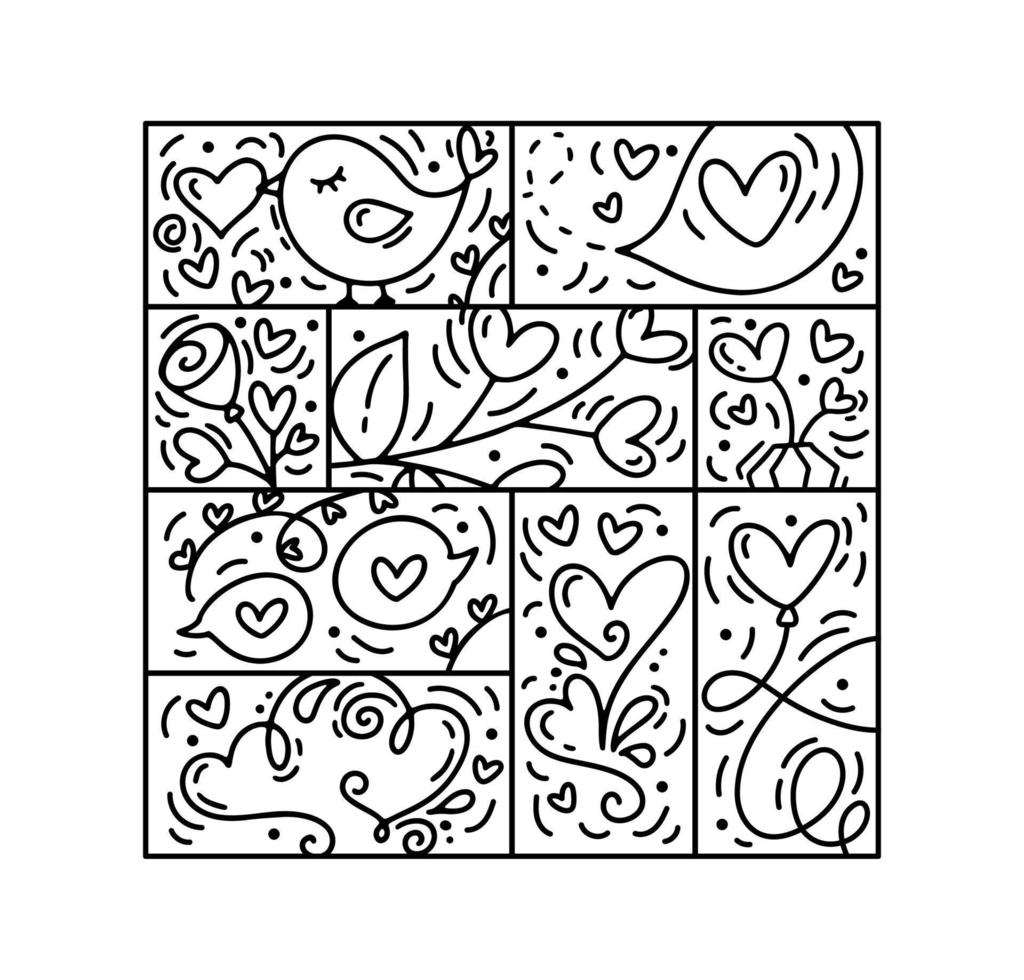 Valentines logo vector de patrones sin fisuras amor, labios, corazón y nube. constructor monoline dibujado a mano para tarjeta de felicitación romántica