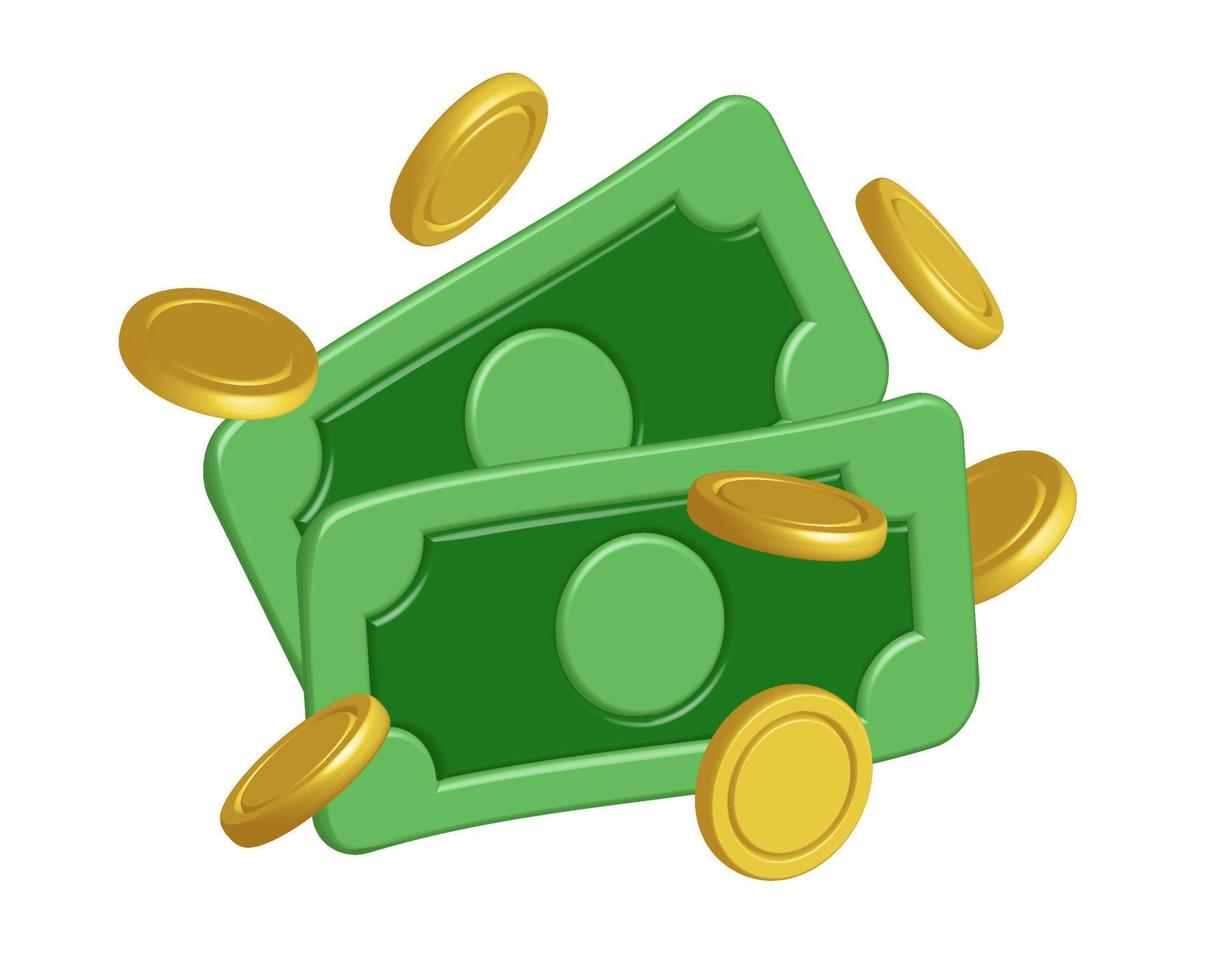 gold coins and paper dollars 3d money realistic vector cash icon with shadows isolated on white background. Concept of business success